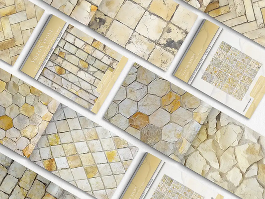 Collage of print pads organised into neat rows opened on various pages to display the inside pages which contain yellow coloured stone textures