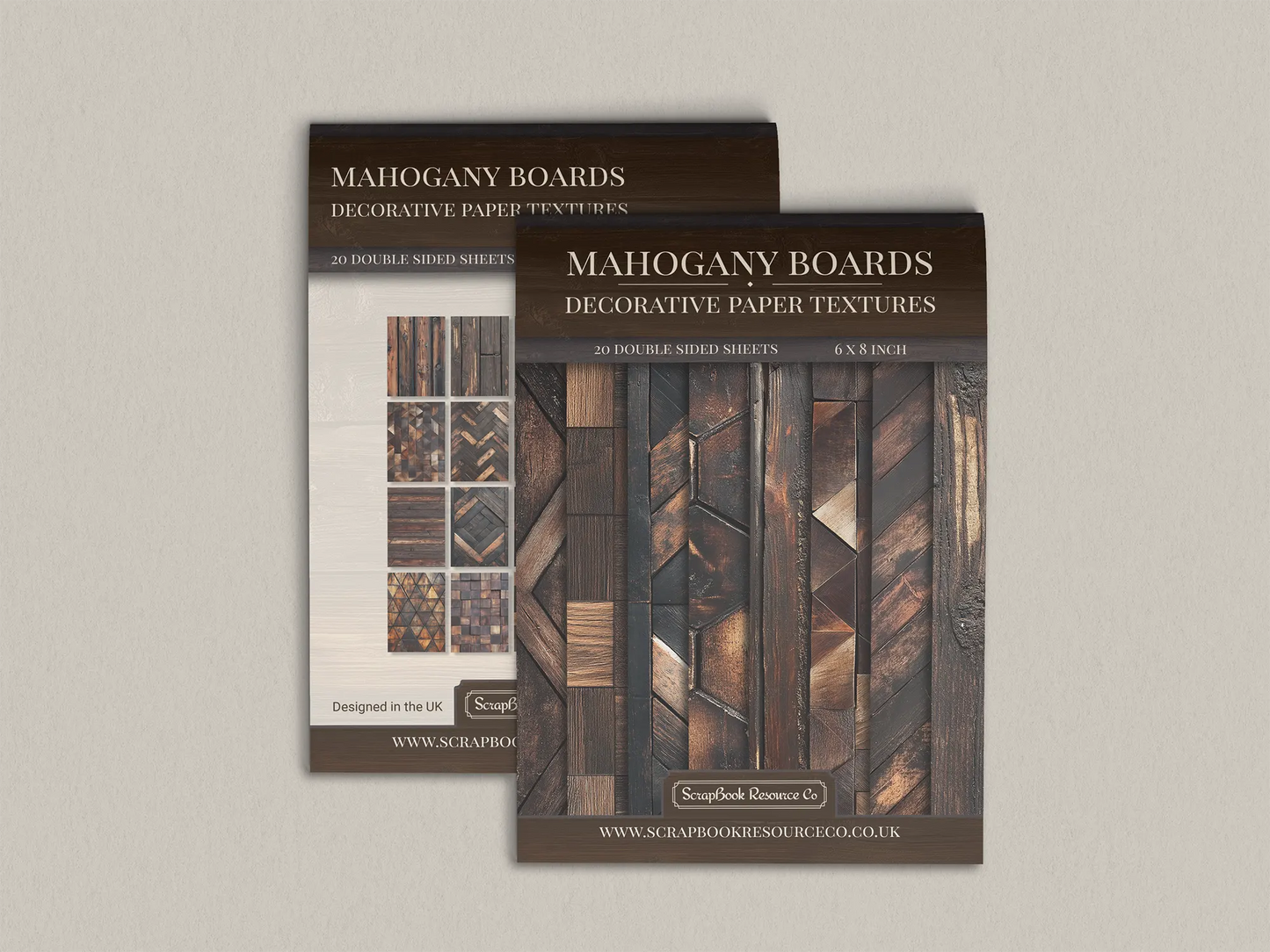 Front and Back cover of a decorative paper prints pad that contains dark brown coloured wooden textures