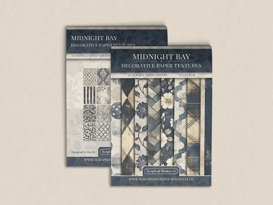 Front and back cover of a decorative paper prints pad with various patterns and textures in a dark blue colour, intended for use in junk journaling, scrapbooking, and cardmaking.