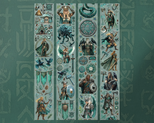 A roll of decorative PET tape stickers with a Viking and Norse mythology theme in teal and green colours, featuring illustrations of the Viking warriors, Valkyries, runestones and more