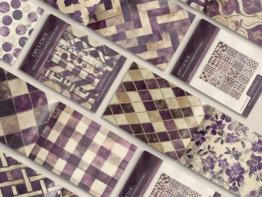 Collage of print pads organised into neat rows opened on various pages to display the inside pages which contain various purple coloured textures and patterns