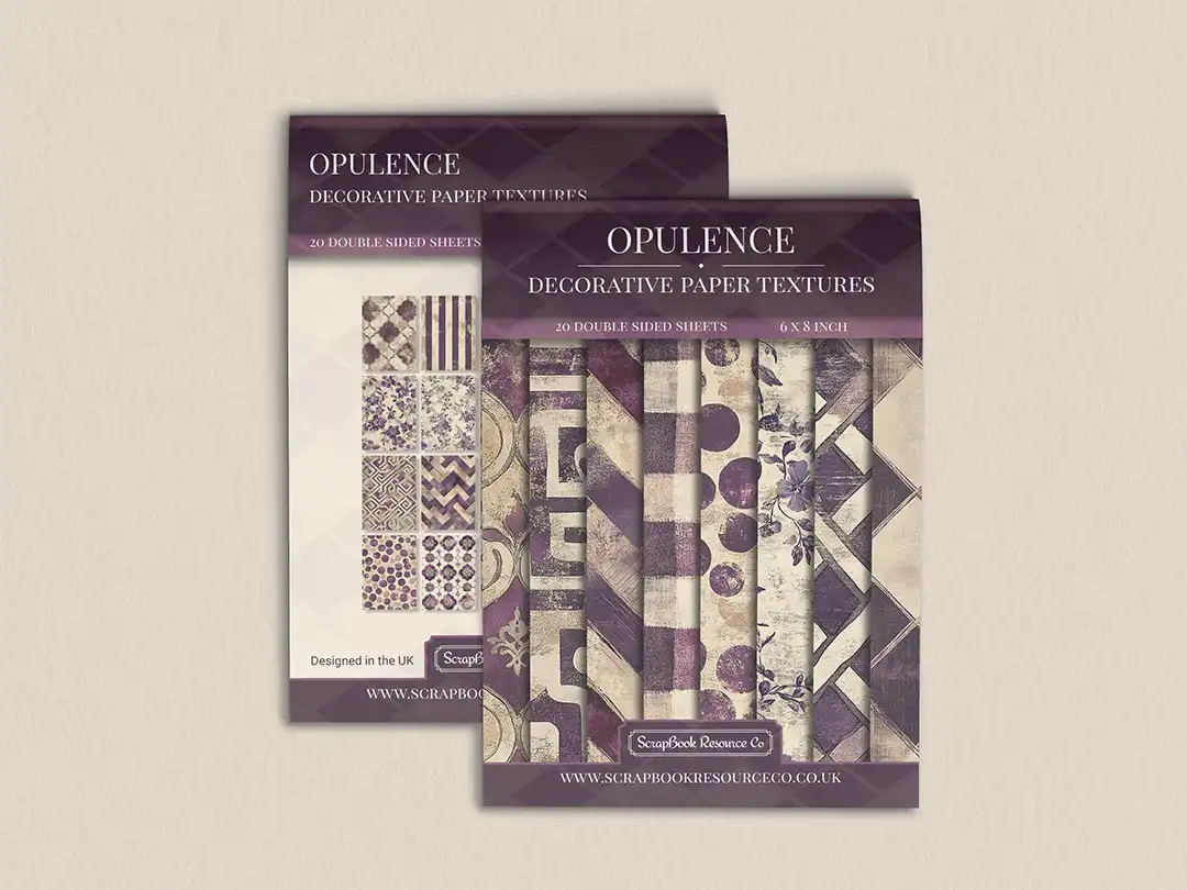 Front and back cover of a decorative paper prints pad with various patterns and textures in a purple colour, intended for use in junk journaling, scrapbooking, and cardmaking.
