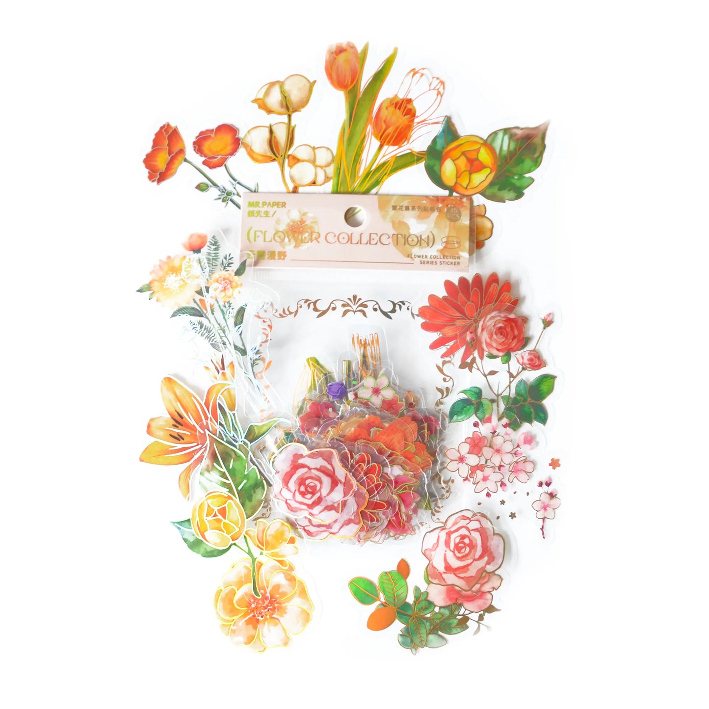 Flower Collection : Orange, Holographic PVC Floral Stickers - ScrapBookResourceCo