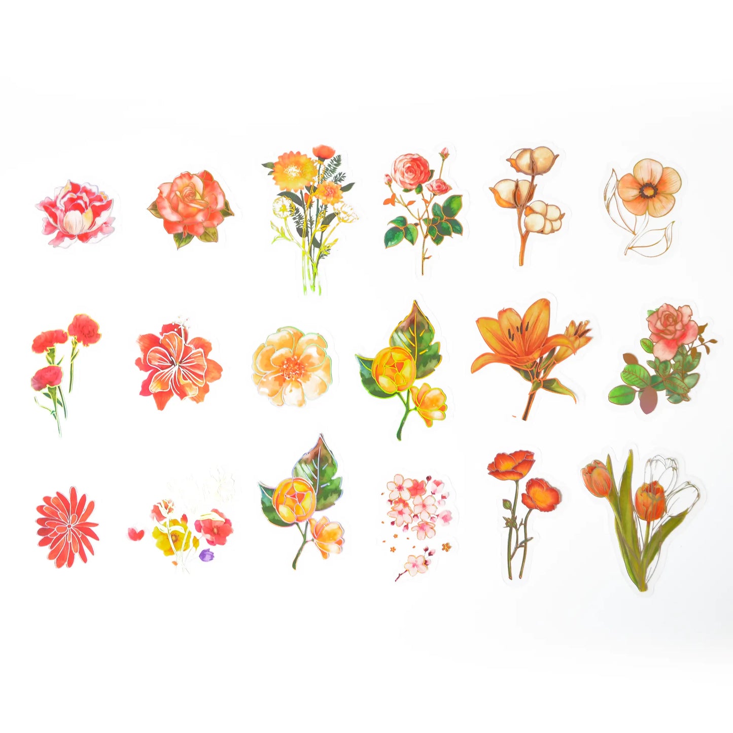 Flower Collection : Orange, Holographic PVC Floral Stickers - ScrapBookResourceCo