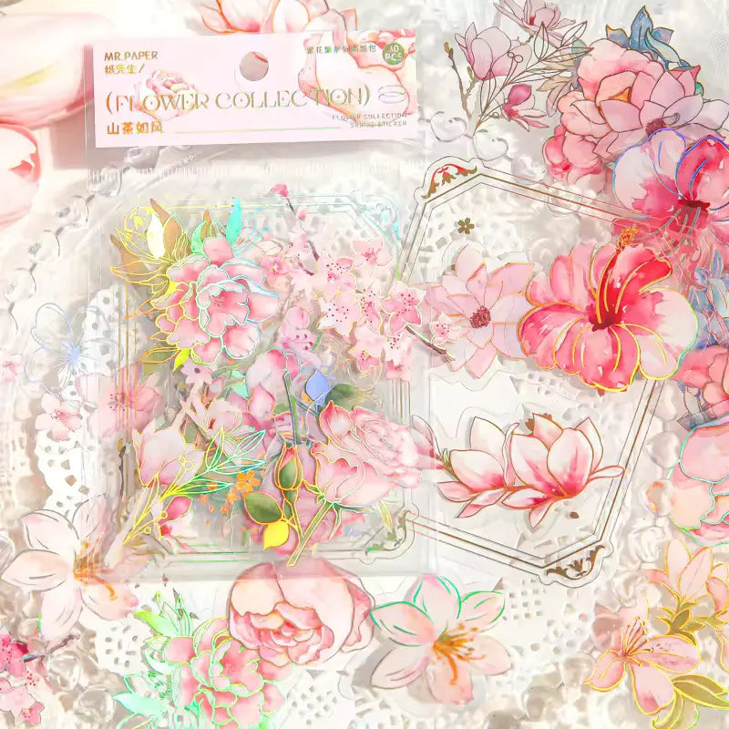 Flower Collection : Pink, Holographic PVC Floral Stickers - ScrapBookResourceCo
