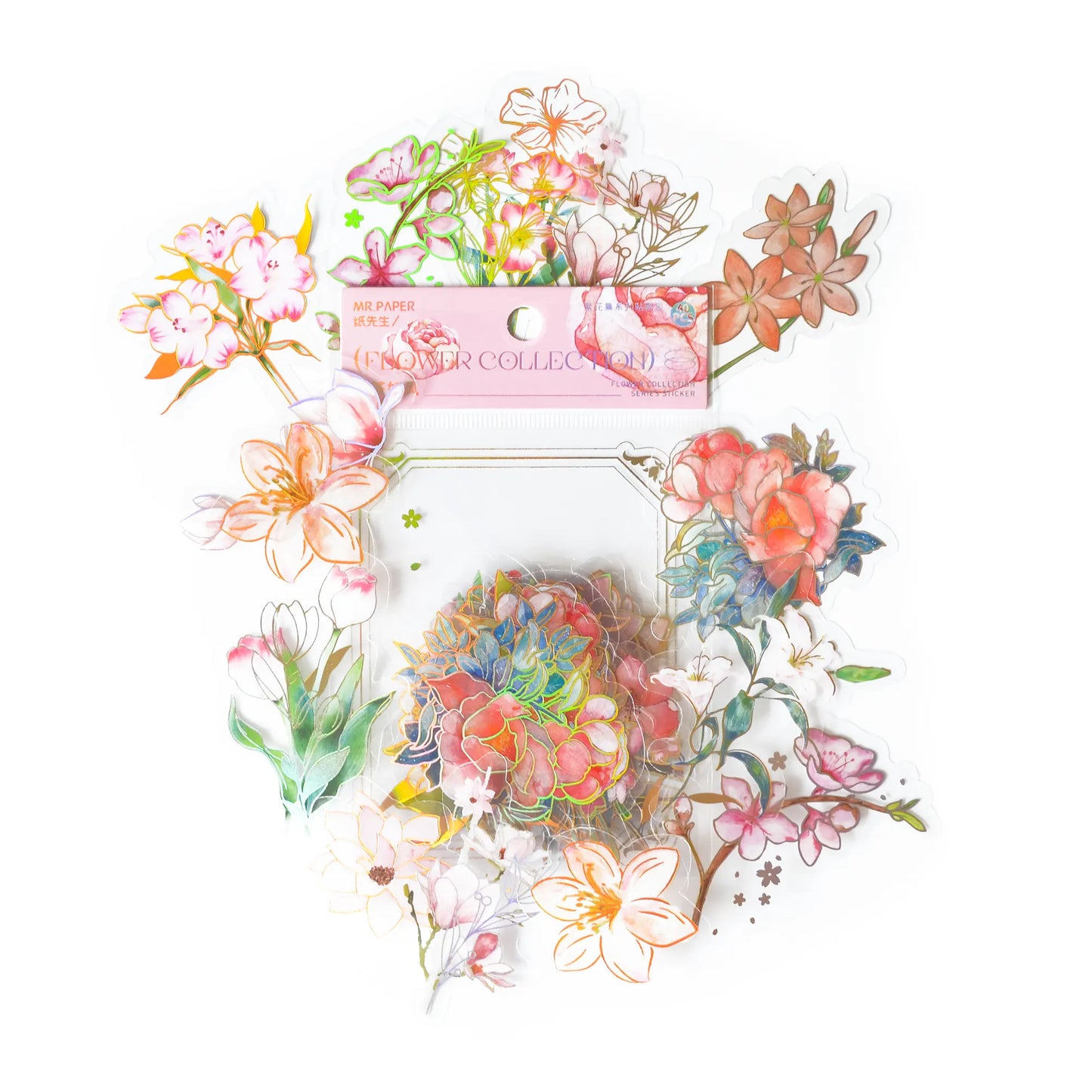 Flower Collection : Pink, Holographic PVC Floral Stickers - ScrapBookResourceCo