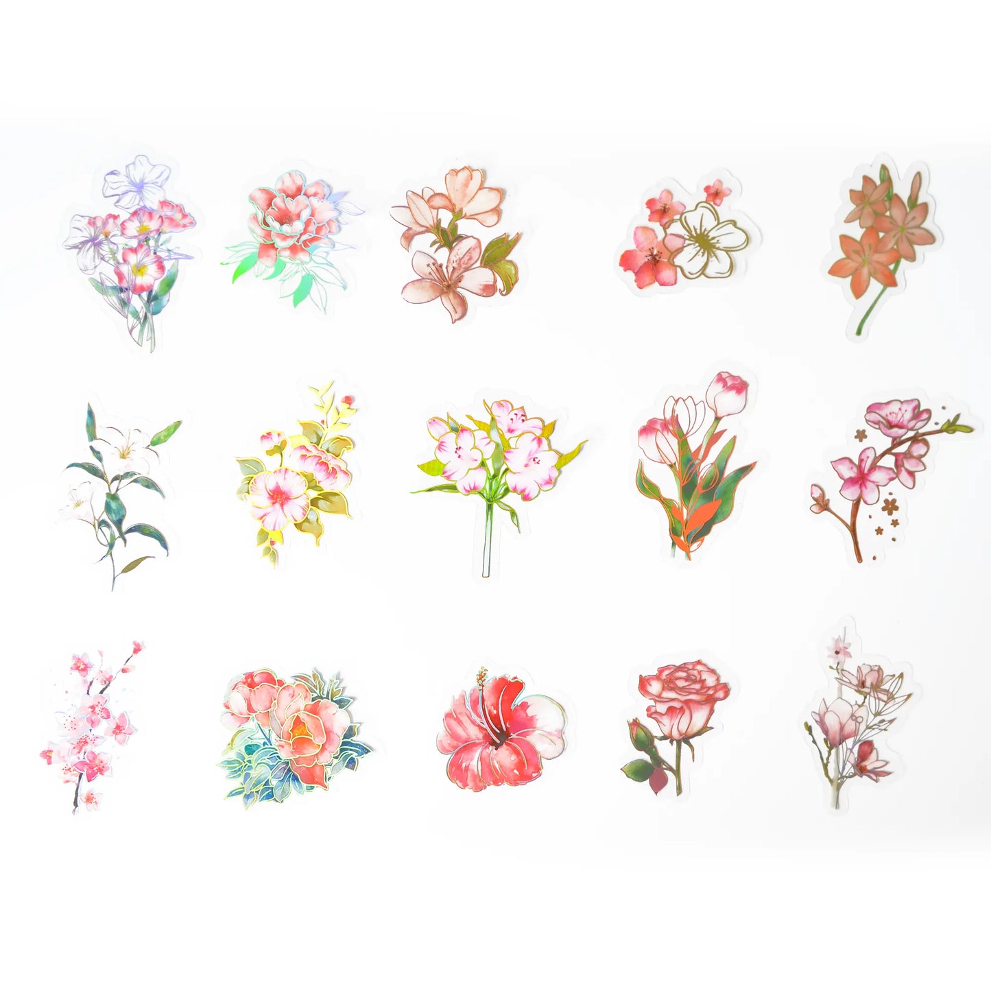 Flower Collection : Pink, Holographic PVC Floral Stickers - ScrapBookResourceCo