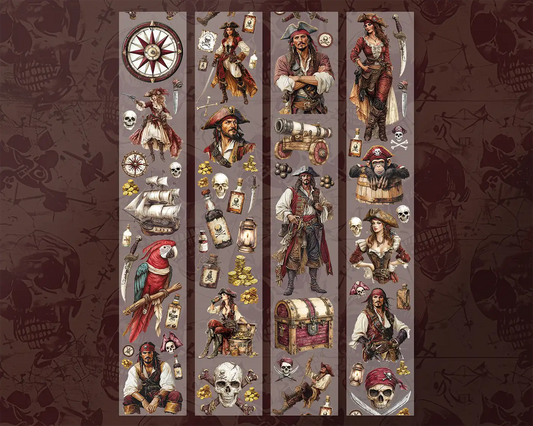A roll of decorative PET tape stickers with a fantasy pirate theme in red and cream colours, featuring illustrations of pirate crew members, gold and treasure chests, compass and maps, bottles of rum and more