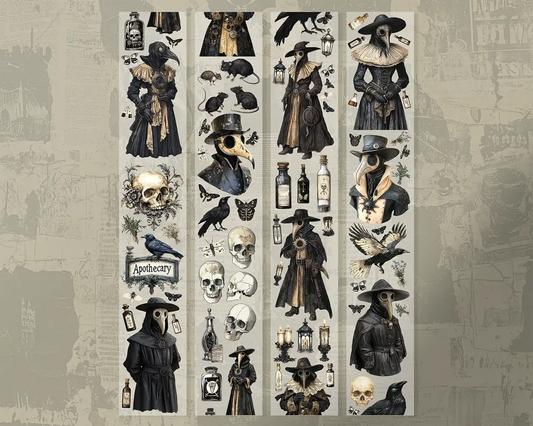 A roll of decorative PET tape stickers with a gothic plague doctor theme black and beige colours, featuring illustrations of the iconic plague doctor and the beaked mask, tonic bottles and vials, candles and oil lamps, skulls, herbs and more