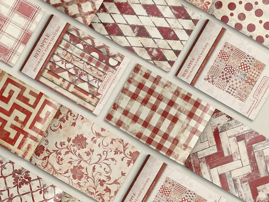 Collage of print pads organised into neat rows opened on various pages to display the inside pages which contain various red coloured textures and patterns