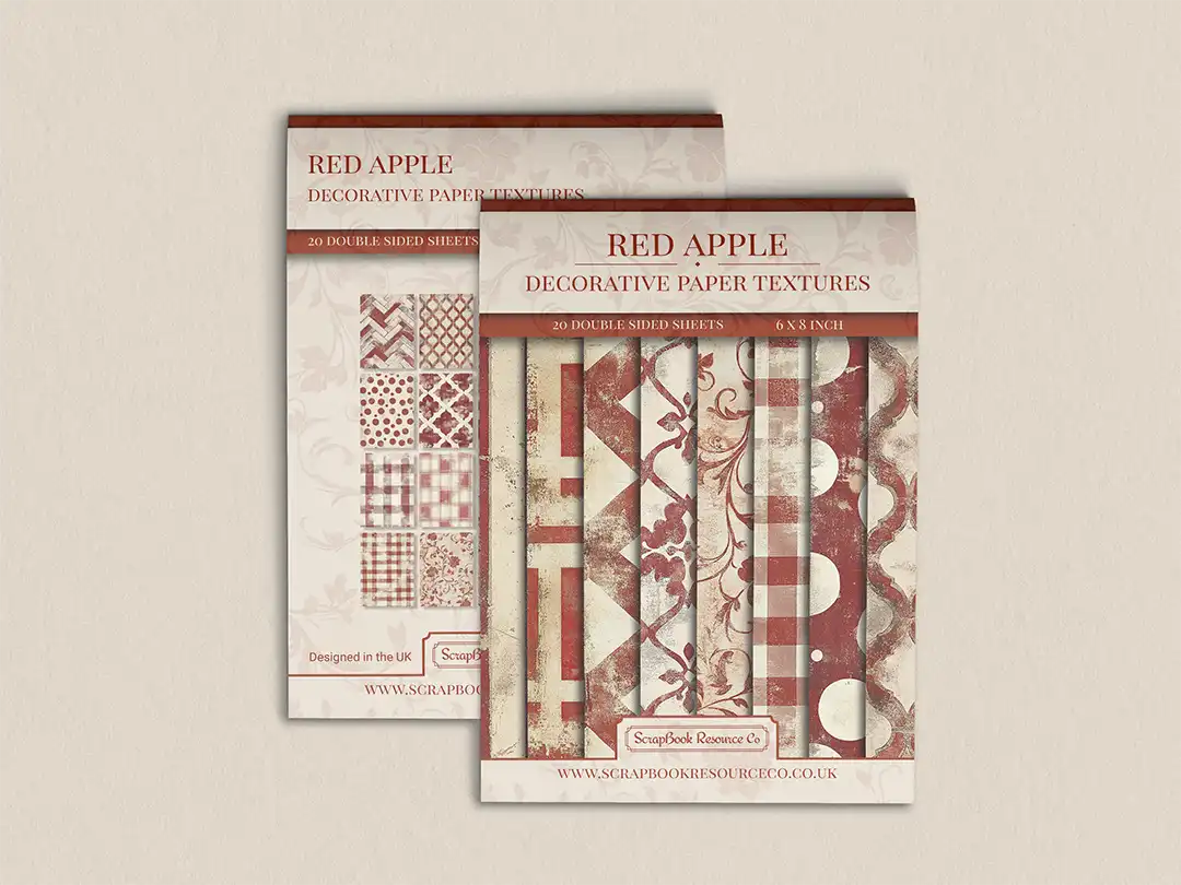 Front and back cover of a decorative paper prints pad with various patterns and textures in a red colour, intended for use in junk journaling, scrapbooking, and cardmaking.