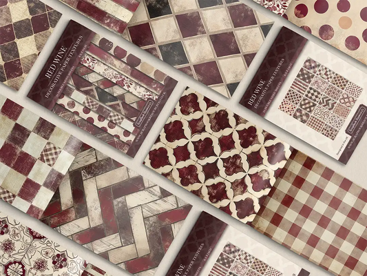 Collage of print pads organised into neat rows opened on various pages to display the inside pages which contain various burgundy coloured textures and patterns