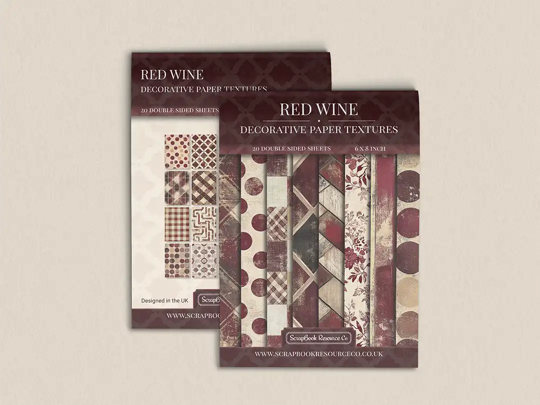 Front and back cover of a decorative paper prints pad with various patterns and textures in a burgundy colour, intended for use in junk journaling, scrapbooking, and cardmaking.