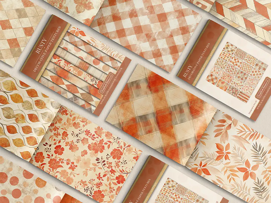 Collage of print pads organised into neat rows opened on various pages to display the inside pages which contain various orange coloured textures and patterns