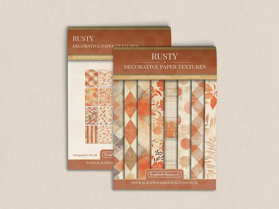 Front and back cover of a decorative paper prints pad with various patterns and textures in a orange colour, intended for use in junk journaling, scrapbooking, and cardmaking.