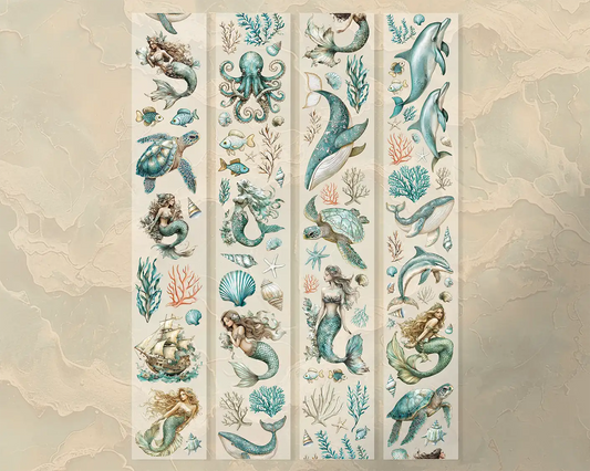 A roll of decorative PET tape stickers with a mermaid theme in baby blue and beige colours, featuring illustrations of mermaids, sea turtles, whales, dolphins, tropical fish, sea foliage, shells and more.