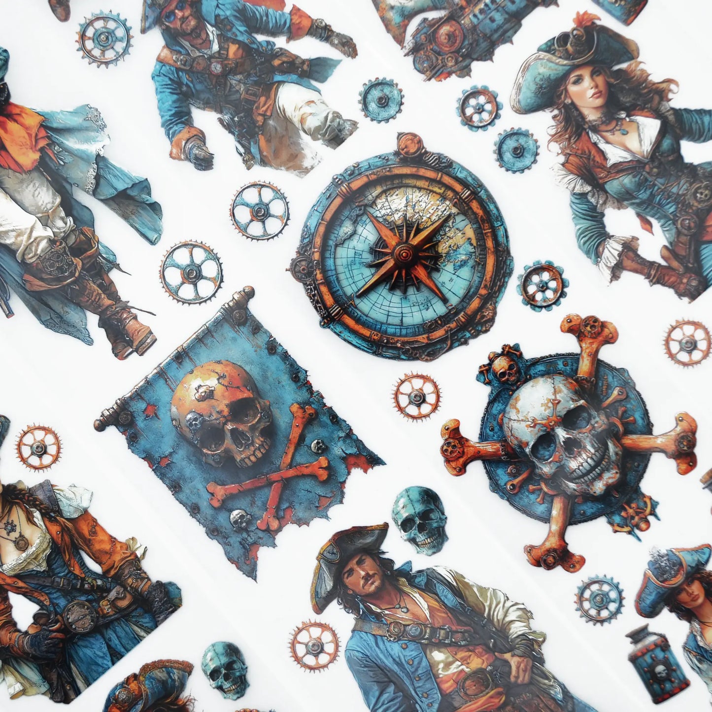 A roll of decorative PET tape stickers with a steampunk pirate theme in teal and orange colours, featuring illustrations of steampunk pirates, cogs and gears, globes, treasure chest, pirate flags, skull and crossbones and more