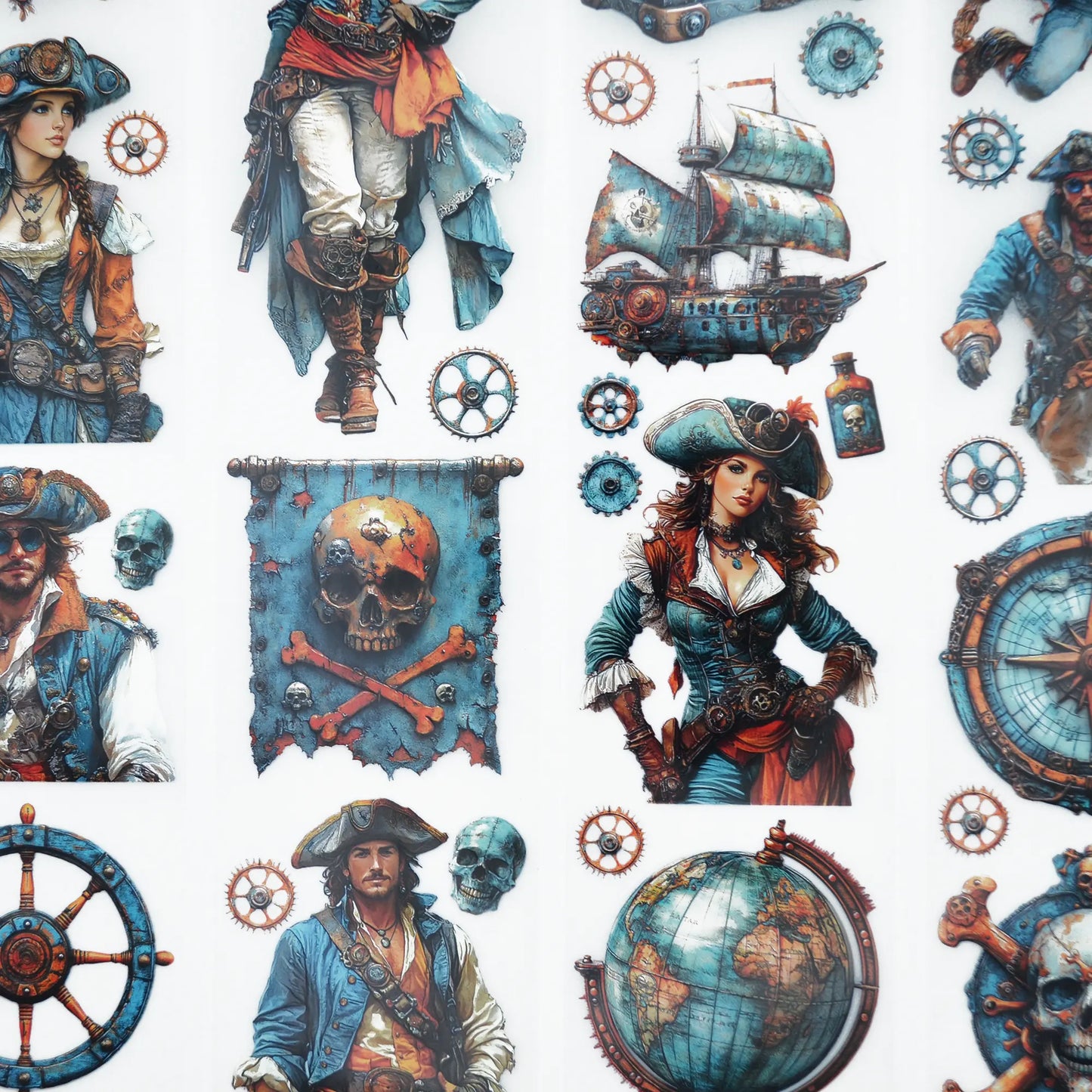 A roll of decorative PET tape stickers with a steampunk pirate theme in teal and orange colours, featuring illustrations of steampunk pirates, cogs and gears, globes, treasure chest, pirate flags, skull and crossbones and more
