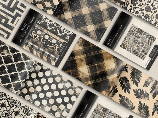 Collage of print pads organised into neat rows opened on various pages to display the inside pages which contain various black coloured textures and patterns