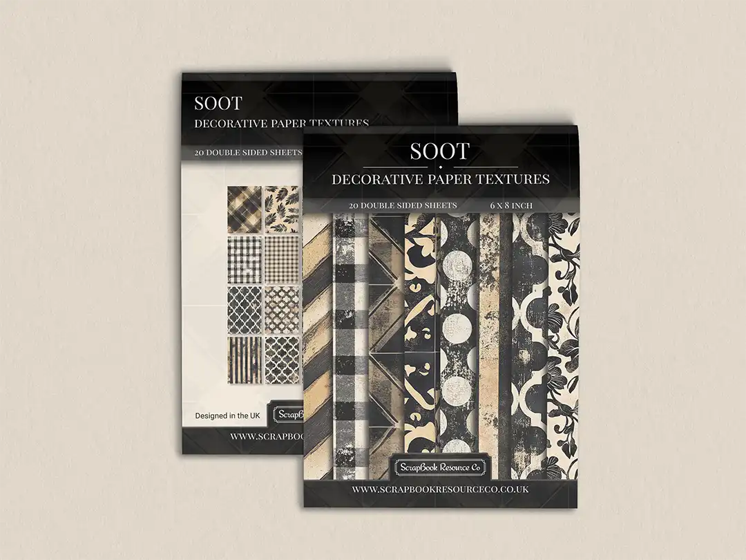 Front and back cover of a decorative paper prints pad with various patterns and textures in a black colour, intended for use in junk journaling, scrapbooking, and cardmaking.