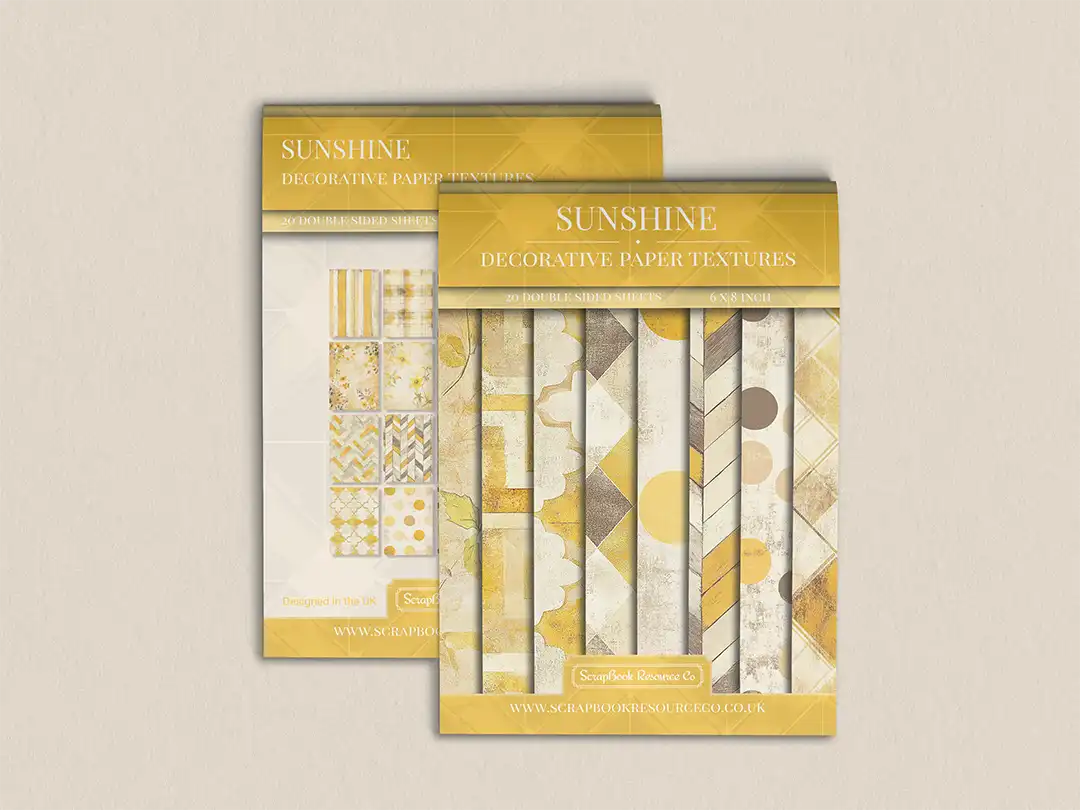Front and back cover of a decorative paper prints pad with various patterns and textures in a yellow colour, intended for use in junk journaling, scrapbooking, and cardmaking.