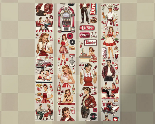 A roll of decorative PET tape stickers with a Vintage American diner theme in red and cream colours, featuring illustrations of waitresses, ice cream and milkshakes, juke boxes, vinyl records, classic cars and more