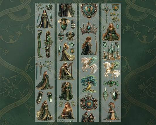 A roll of decorative PET tape stickers with a fantasy elven princess theme in green and gold colours, featuring illustrations of elven princesses, magical creatures, royal banners, decorative florals, gemstones and more