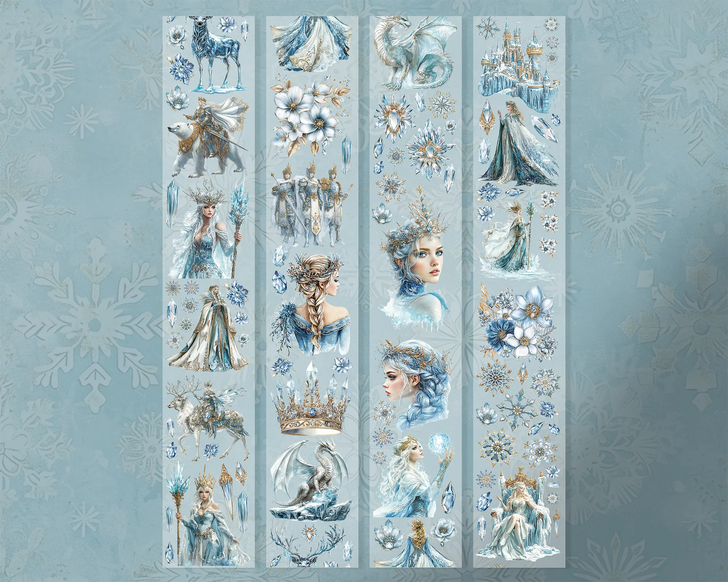A roll of decorative PET tape stickers with a ice queen theme in icy blue and white colours, featuring illustrations of the ice queen and elements such as, snowflakes, frosted flowers, ice dragons, polar bears, ice sculptures and more
