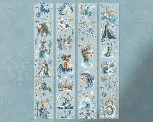 A roll of decorative PET tape stickers with a ice queen theme in icy blue and white colours, featuring illustrations of the ice queen and elements such as, snowflakes, frosted flowers, ice dragons, polar bears, ice sculptures and more