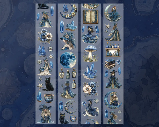 A roll of decorative PET tape stickers with a Fantasy Lunar Sorceress theme in blue and white colours, featuring illustrations of magical sorceress, black cats, spell books, crystal geodes, floral decoration and more.