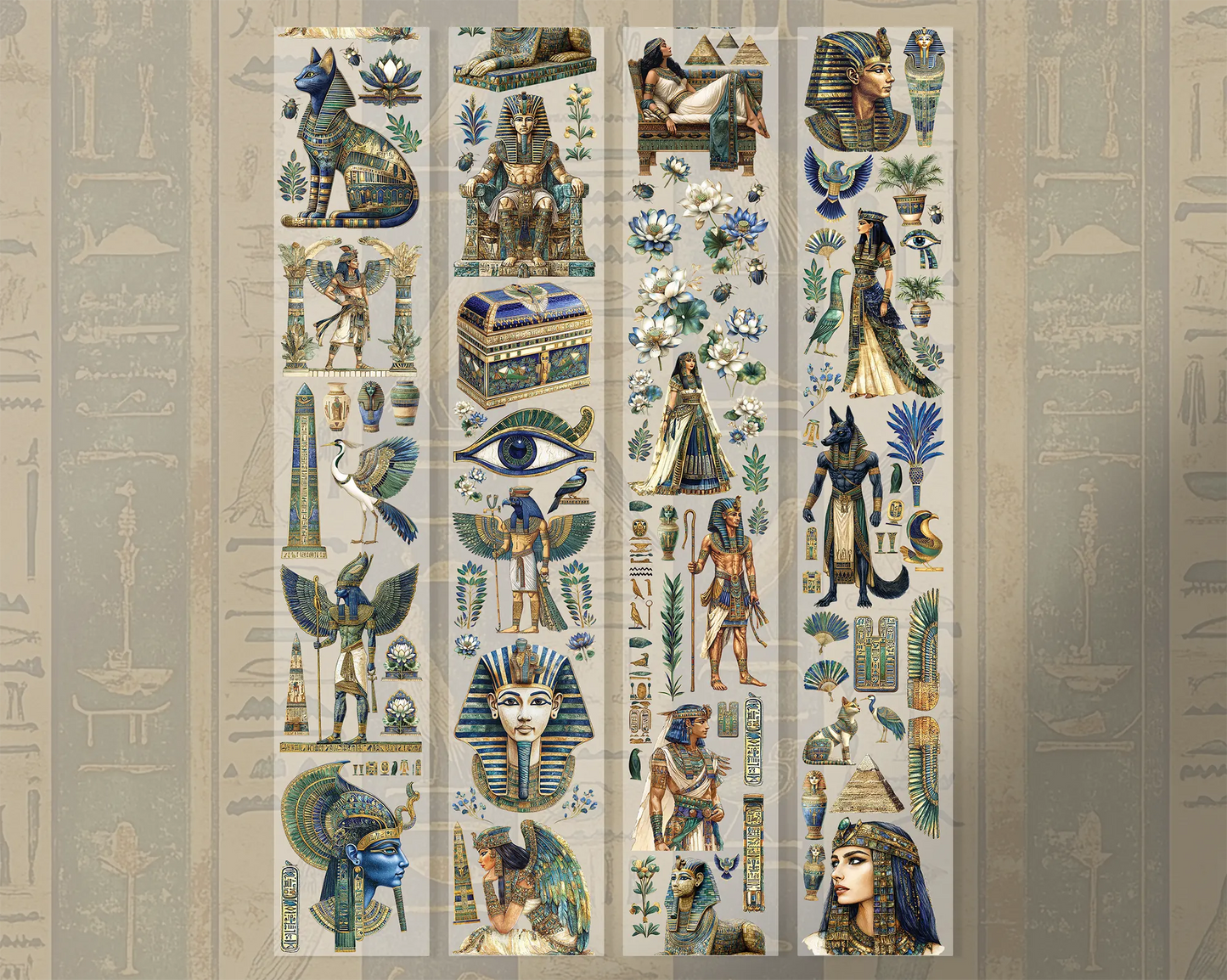 A roll of decorative PET tape stickers with a ancient Egyptian theme in beige, green and blue colours, featuring illustrations of Egyptian characters and elements such as pyramids, obelisks, cats, the sphinx, lotus flowers, pharaohs and more