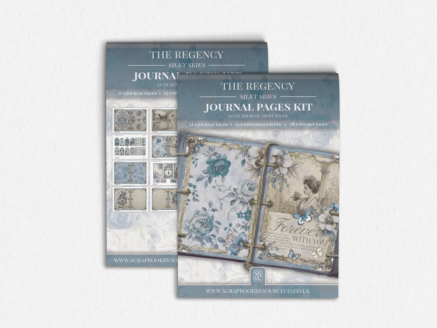 Blue Junk Journal pages kit with decorative elements on a light gray background