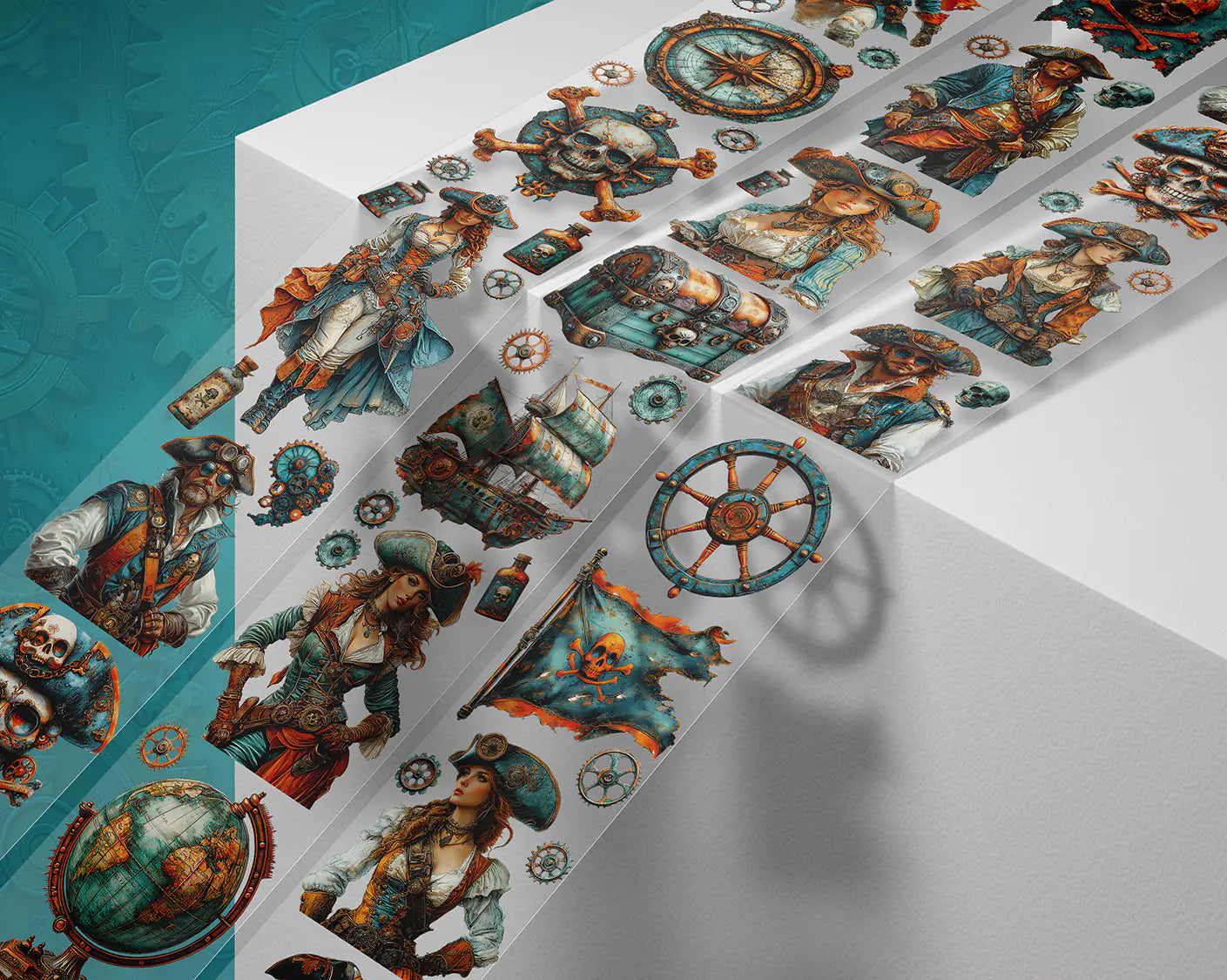 A roll of decorative PET tape stickers with a steampunk pirate theme in teal and orange colours, featuring illustrations of steampunk pirates, cogs and gears, globes, treasure chest, pirate flags, skull and crossbones and more