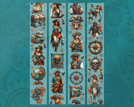 A roll of decorative PET tape stickers with a steampunk pirate theme in teal and orange colours, featuring illustrations of steampunk pirates, cogs and gears, globes, treasure chest, pirate flags, skull and crossbones and more