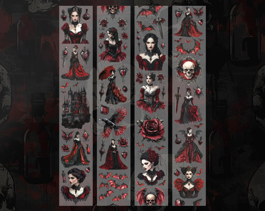 A roll of decorative PET tape stickers with a gothic vampire countess theme in red and black colours, featuring illustrations of the vampire countess, bats, gothic castles and architecture, roses, potion vials and more.