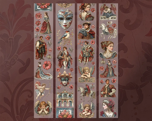A roll of decorative PET tape stickers with a Venetian renaissance theme in red and slate blue colours, featuring illustrations of finely dressed characters, decorative masks, decorative floral arrangements, song birds, cherubs and more
