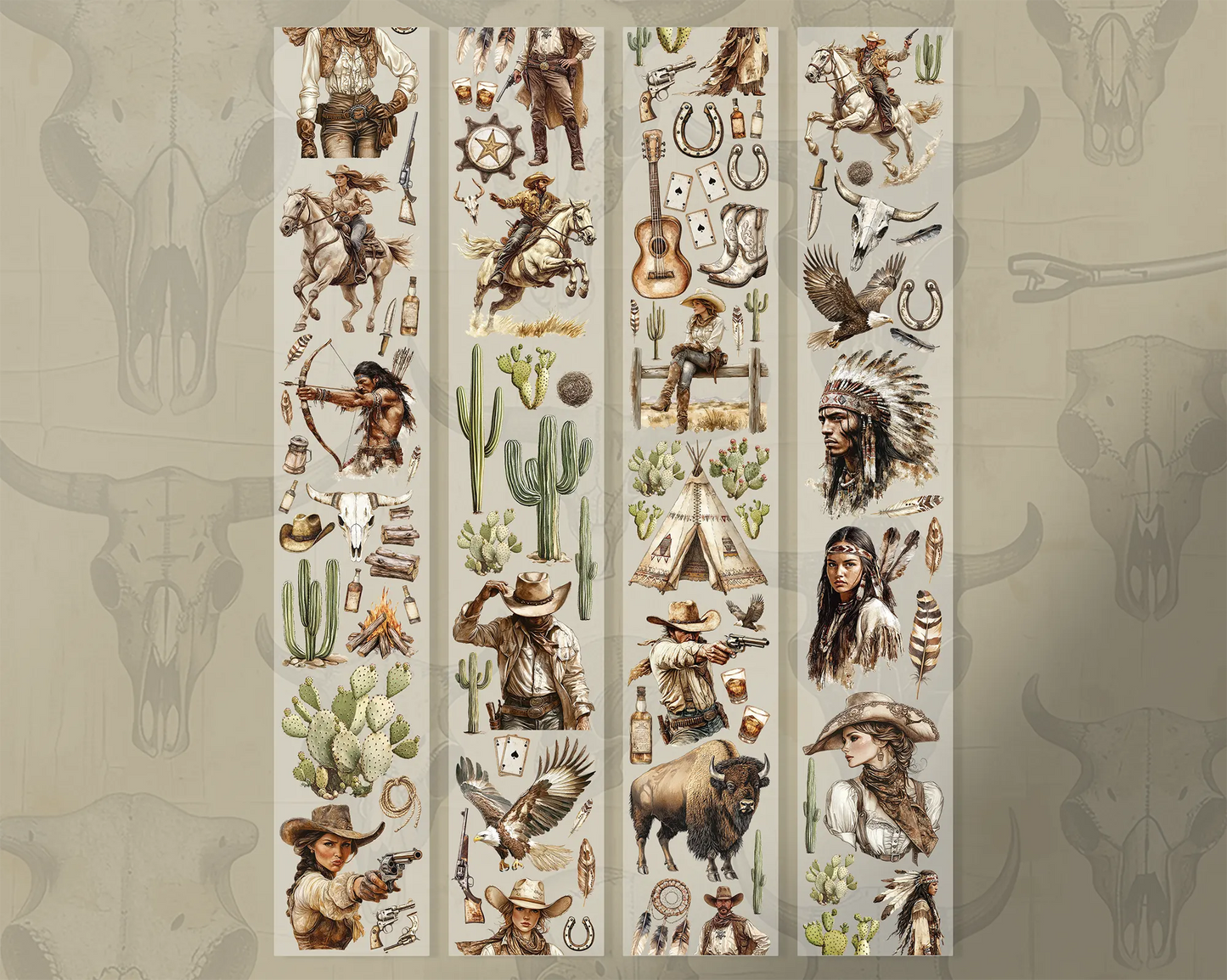 A roll of decorative PET tape stickers with a Wild West theme in beige and green colours, featuring illustrations of historical cowboy characters and elements such as a horse and a wagon, cacti, teepee tents, bison and more