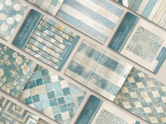 Collage of print pads organised into neat rows opened on various pages to display the inside pages which contain various turquoise coloured textures and patterns
