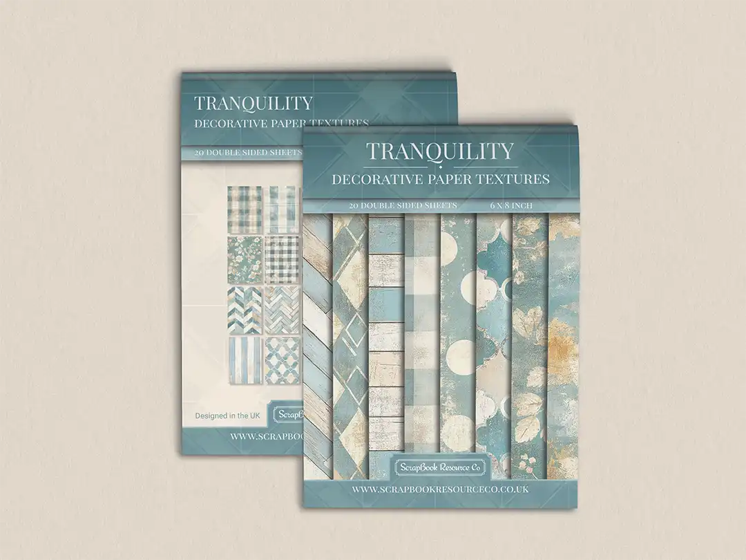 Front and back cover of a decorative paper prints pad with various patterns and textures in a turquoise colour, intended for use in junk journaling, scrapbooking, and cardmaking.