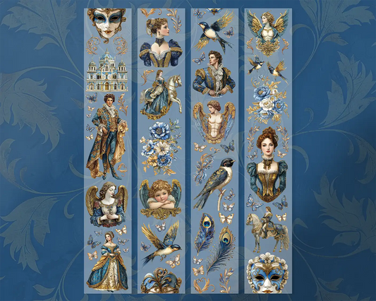 A roll of decorative PET tape stickers with a Venetian renaissance theme in blue and gold colours, featuring illustrations of finely dressed characters, decorative masks, decorative floral arrangements, song birds, cherubs and more
