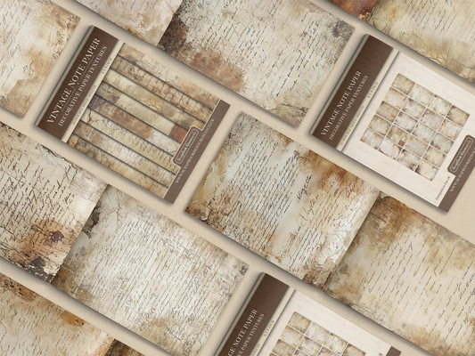 Collage of print pads organised into neat rows opened on various pages to display the inside pages which contain vintage note paper textures