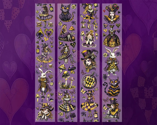 A roll of decorative PET tape stickers with a Alice in wonderland theme in purple and yellow colours, featuring illustrations of Alice, the mad hatter, the queen of hearts, mushrooms, potions, pocket watches, the Cheshire cat, the white rabbit and more.