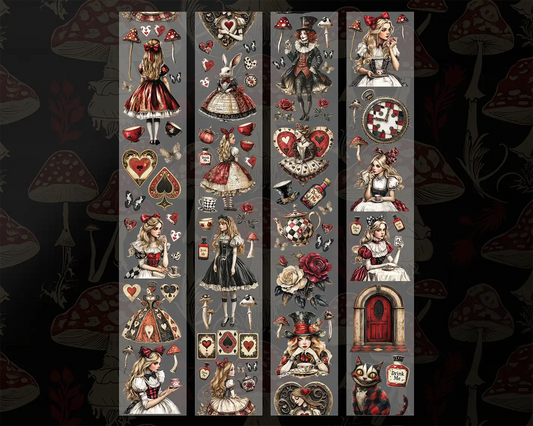 A roll of decorative PET tape stickers with a Alice in wonderland theme in red and black colours, featuring illustrations of Alice, the mad hatter, the queen of hearts, mushrooms, potions, pocket watches, the Cheshire cat, the white rabbit and more.