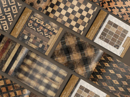 Collage of print pads organised into neat rows opened on various pages to display the inside pages which contain various brown coloured textures and patterns