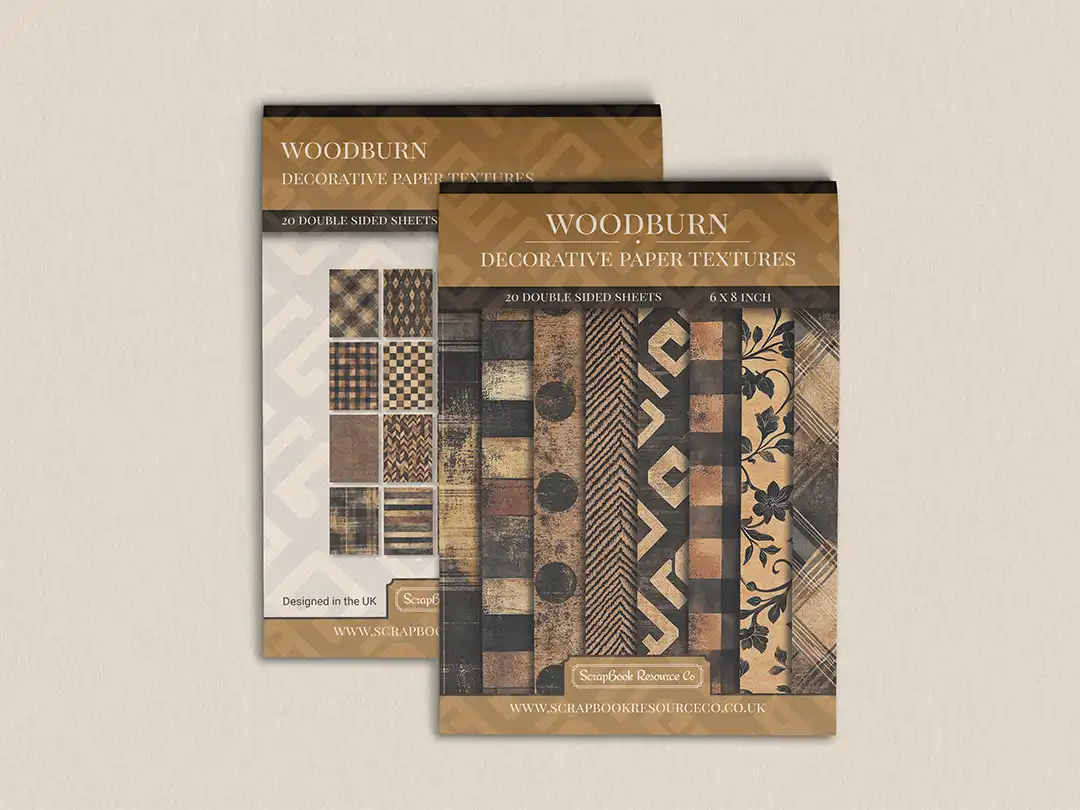 Front and back cover of a decorative paper prints pad with various patterns and textures in a brown colour, intended for use in junk journaling, scrapbooking, and cardmaking.
