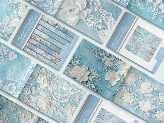 Collection of blue textured paper with lace and floral patterns