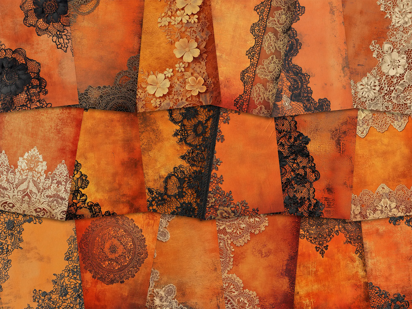 Patterned paper with floral and lace designs in shades of orange.