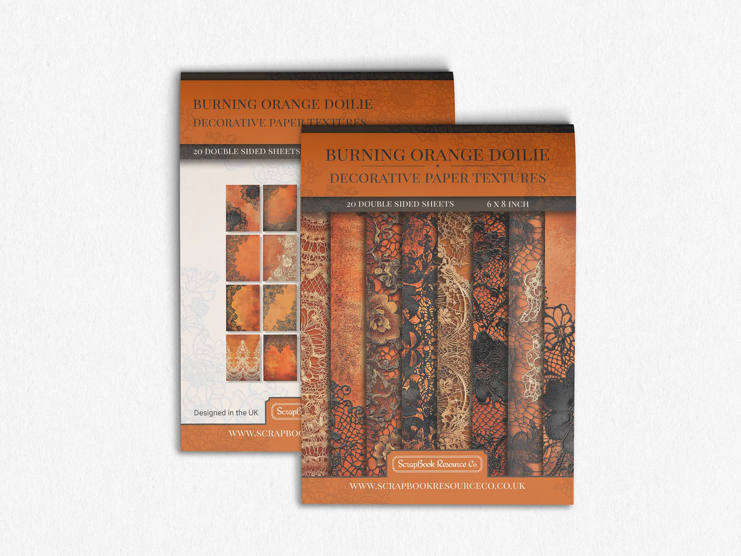 Front and Back cover of a decorative paper prints pad that contains orange vintage doilie patterns