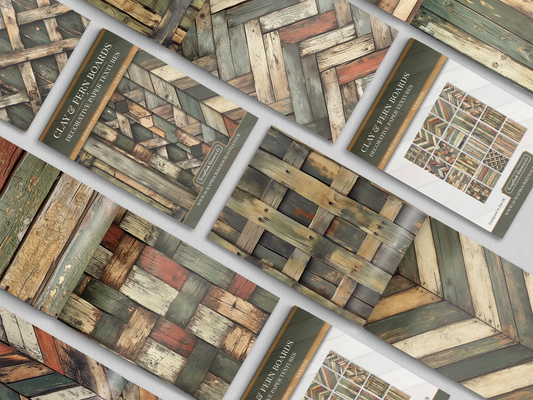 Collage of print pads organised into neat rows opened on various pages to display the inside pages which contain green and brown and orange coloured wooden textures