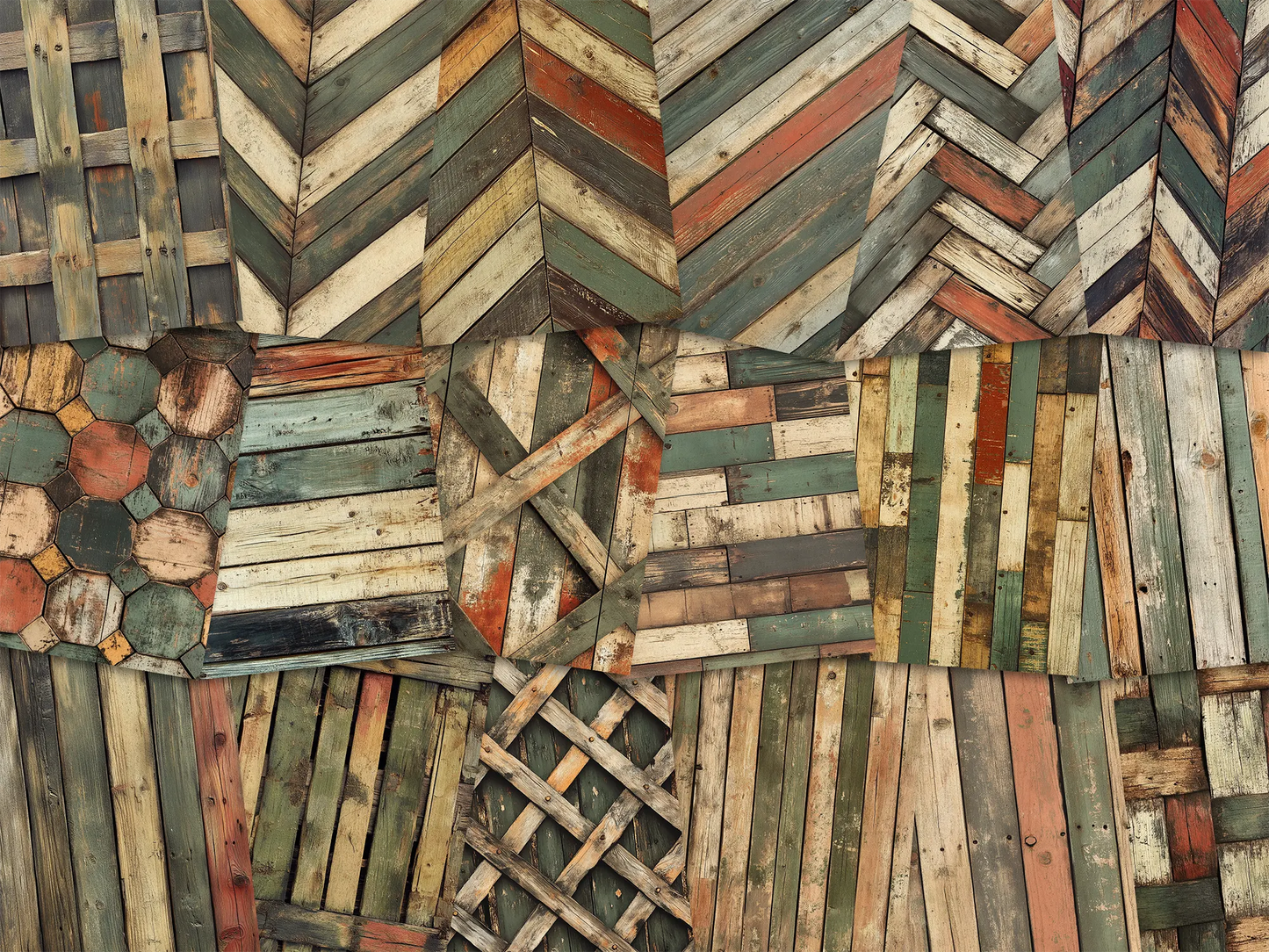 Collage of paper sheets showing the content of the wooden textures prints pad. The images on the paper sheets are wooden textures in green, brown and orange colours